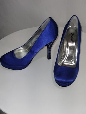 Qupid Cobalt Satin Platform Pumps with Jeweled Heel